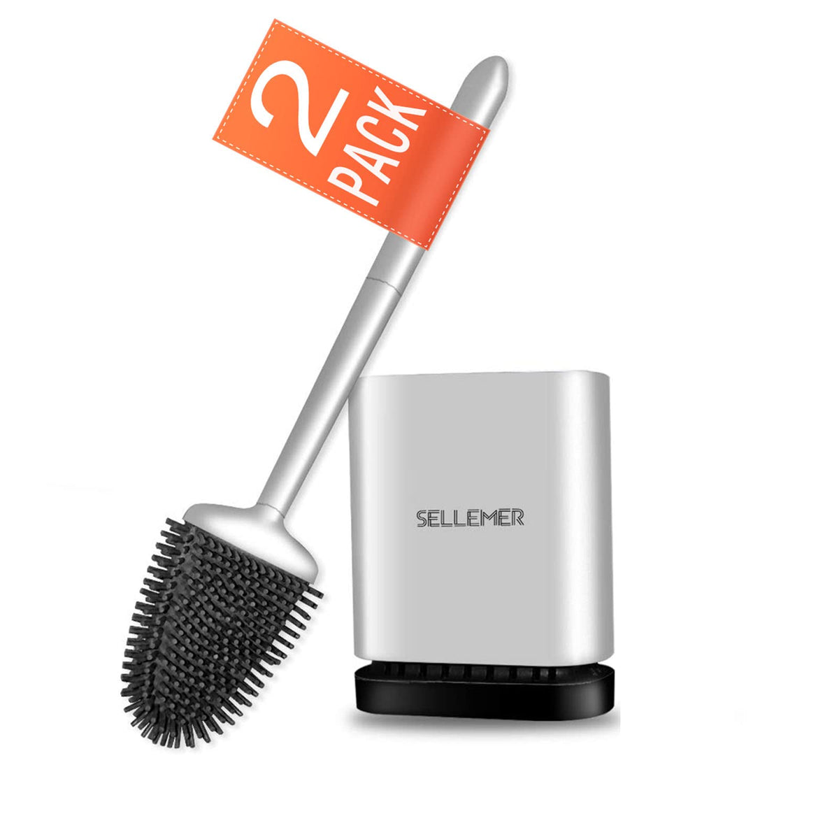 Sellemer toilet brush with flexible silver head for under-rim cleaning.