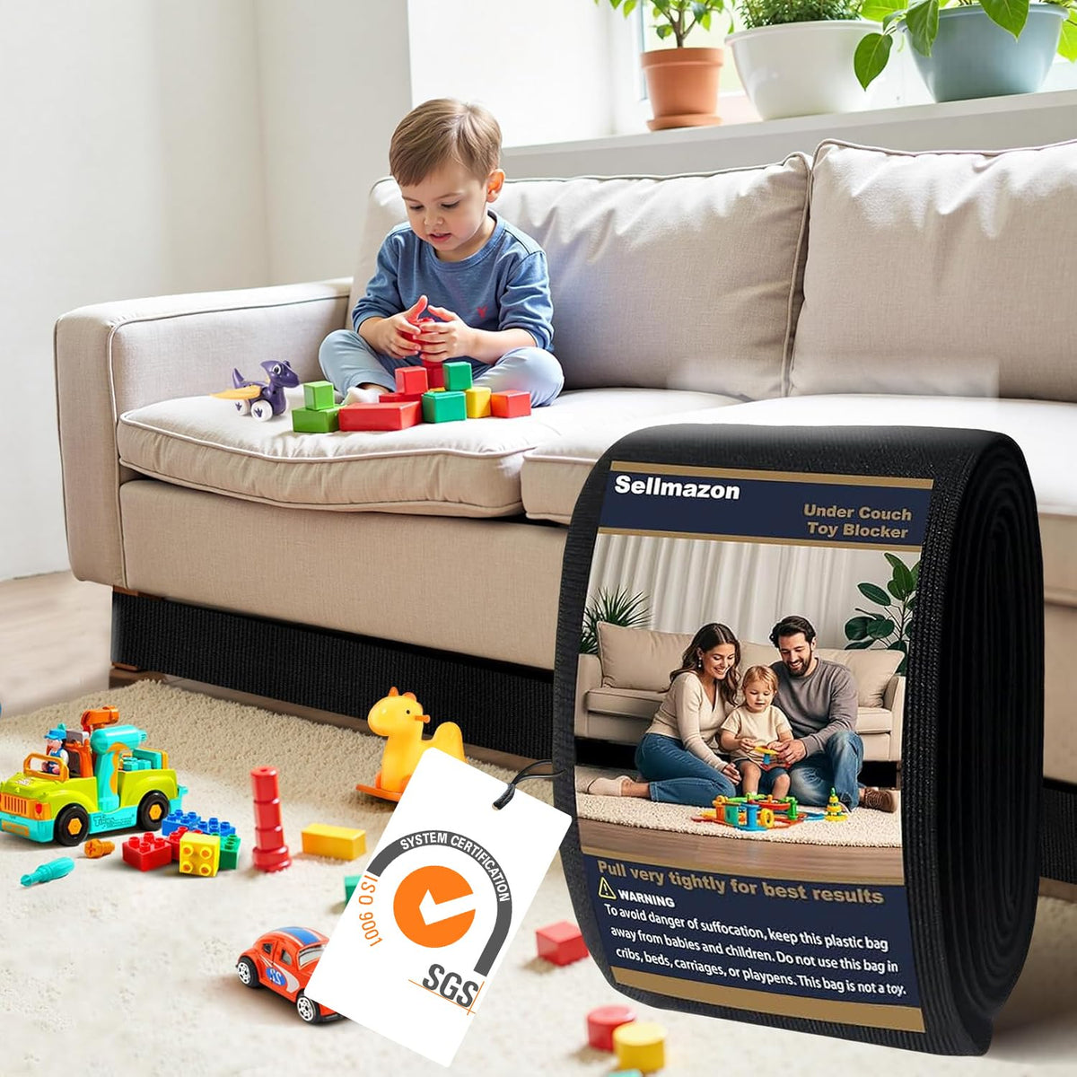 Sellmazon under-couch blocker around a sofa leg prevents toys slipping beneath