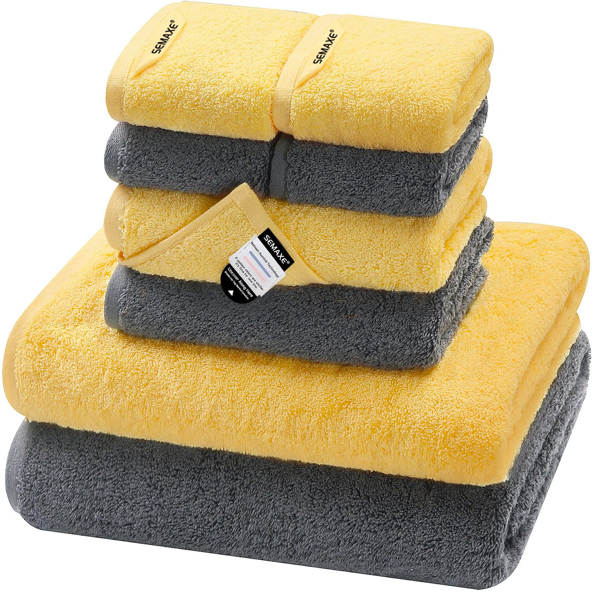 SEMAXE 8-piece bath towels (27x55) for daily use in yellow and gray