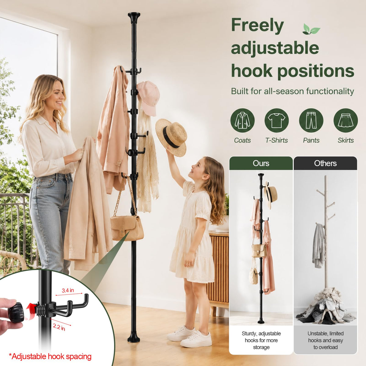 Sempicad coat rack with 12 hooks keeps coats organized and accessible.