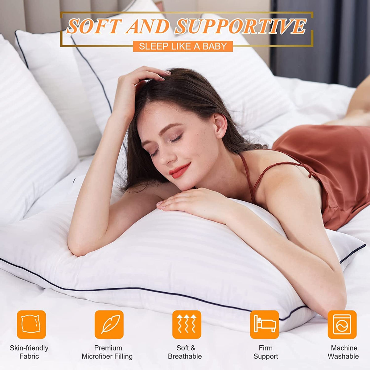 SEMZSOM pillows with no-shift construction stay plump through the night.