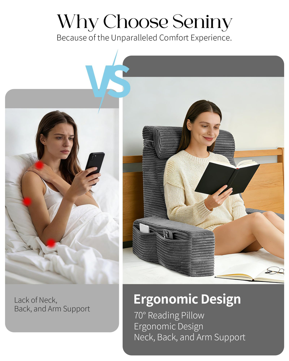 Seniny ergonomic-backrest-60-degree supports comfortable sitting up for study or TV.