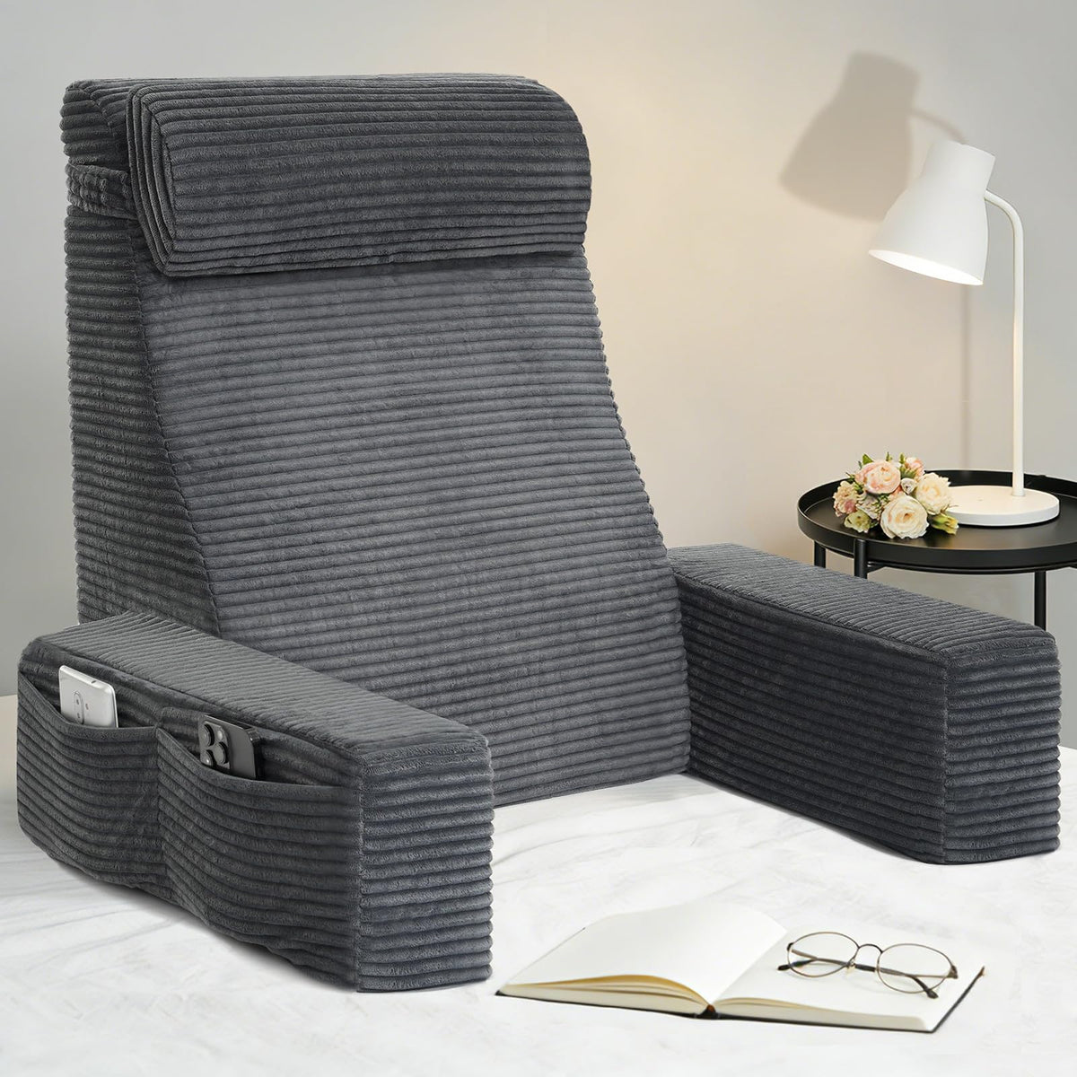 Seniny Reading Pillow front view showing bed support for reading