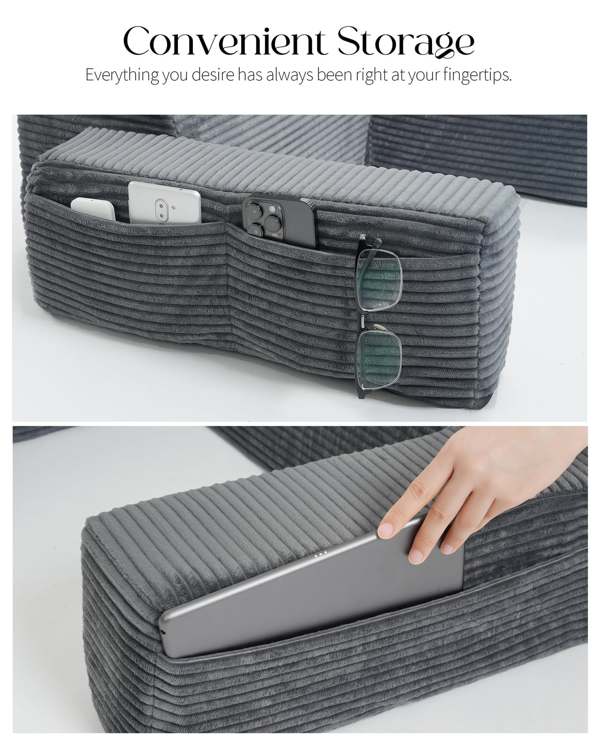 Seniny side-pockets-on-armrests keep essentials close at hand.
