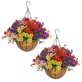 Senjie artificial hanging flowers in an outdoor basket for porch decor.