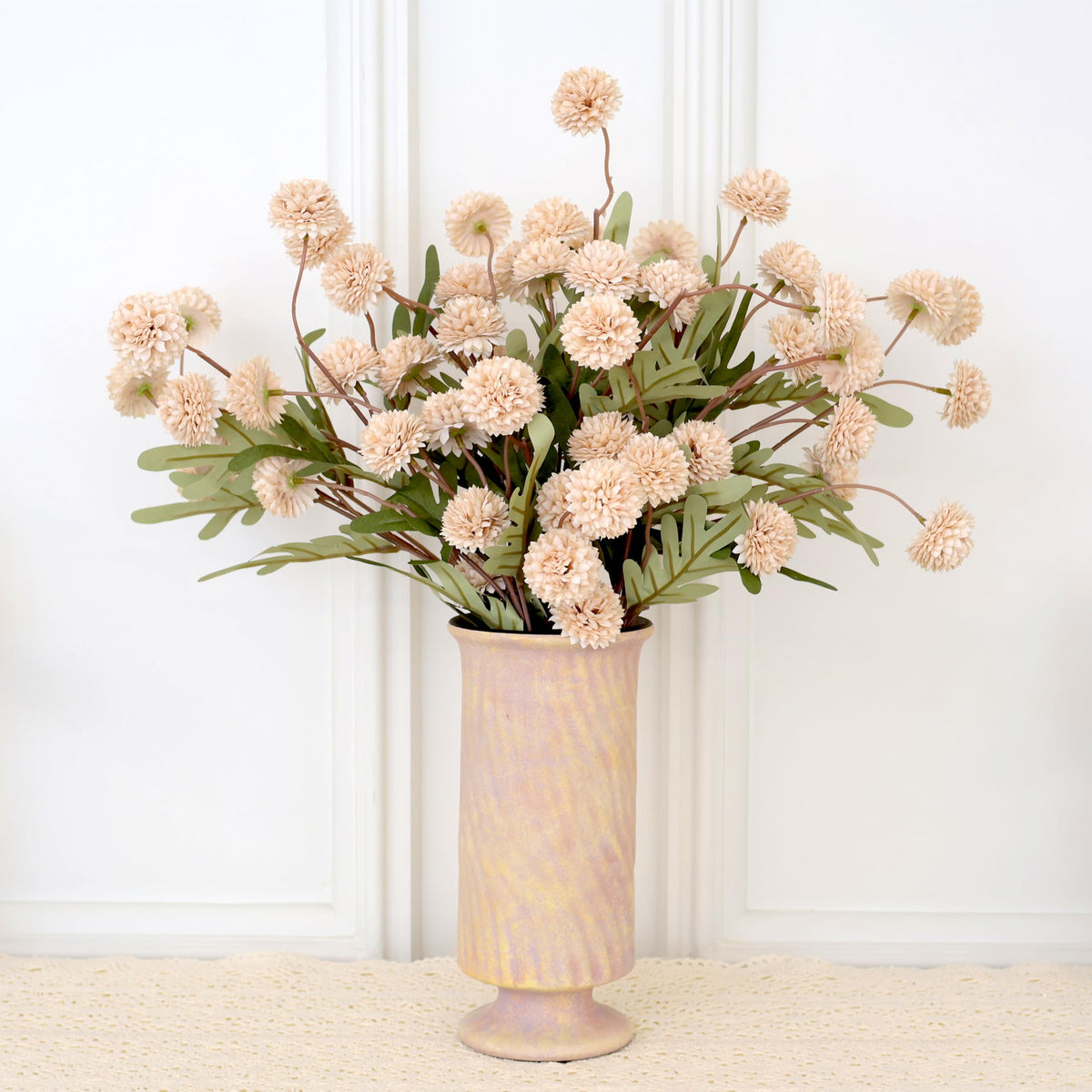 Senjie fake Kiku 60-bloom-stems offer lush, long-lasting centerpieces.