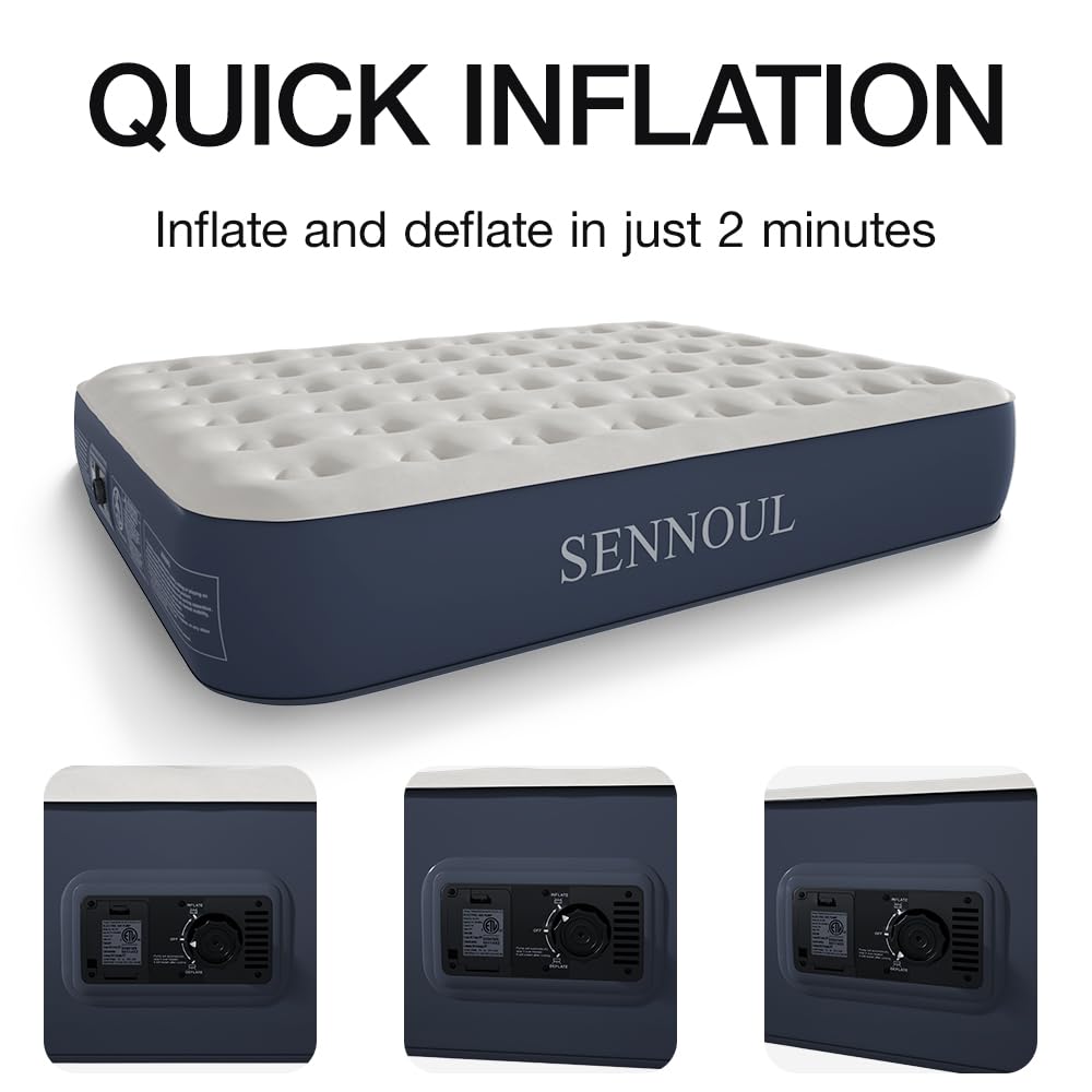 SENNOUL air mattress queen shows 650-pound capacity for stable overnight comfort.