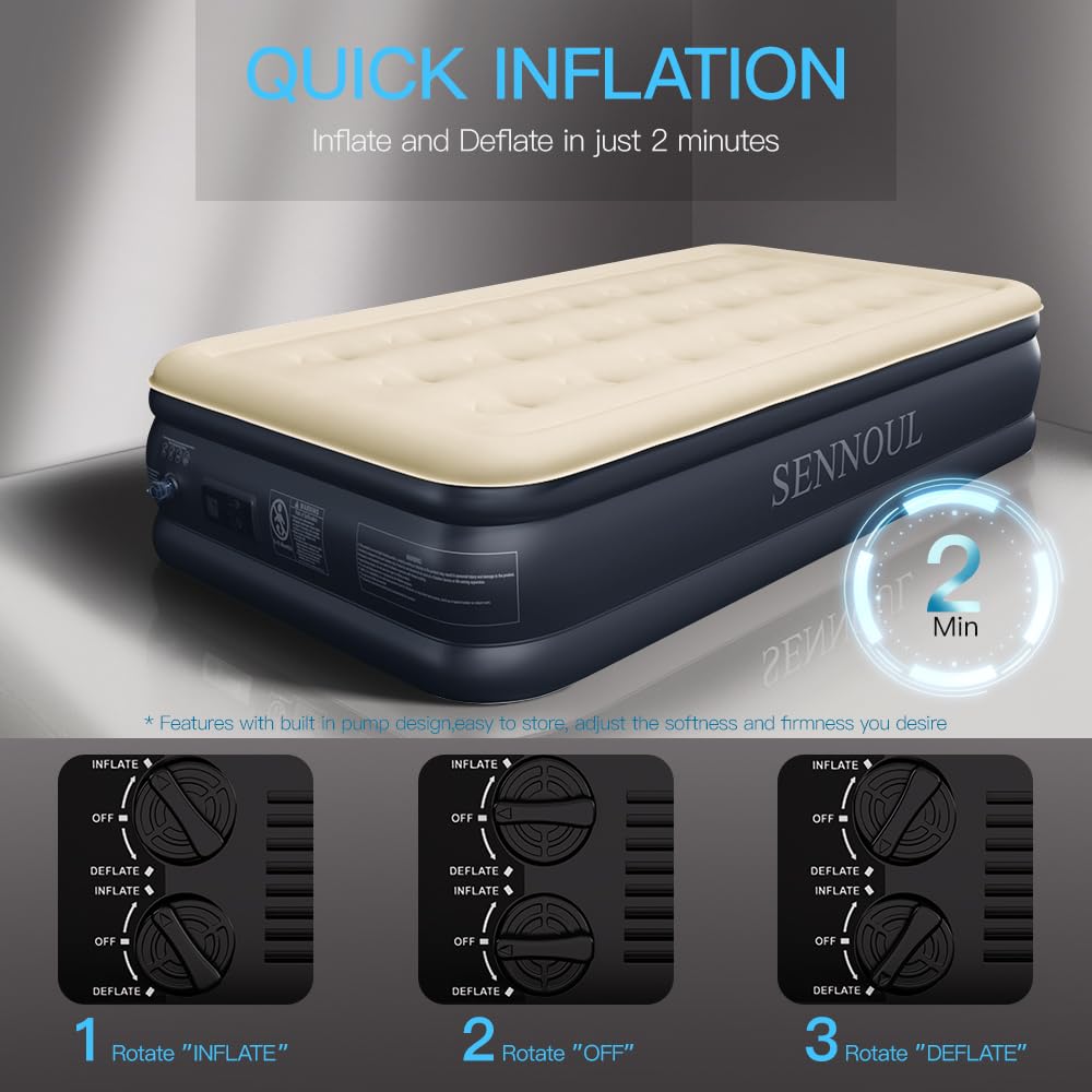 SENNOUL twin air mattress with flocked surface offering comfortable, skin-friendly sleep.