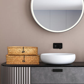 SENONAPO seagrass basket on vanity for toiletries and accessories.