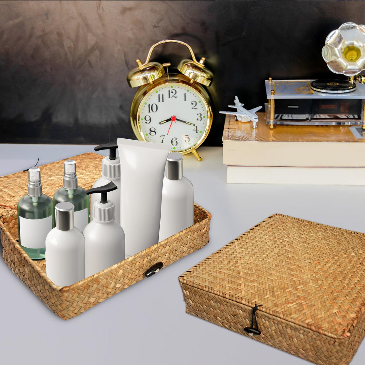 SENONAPO seagrass basket on kitchen counter for utensils and napkins.