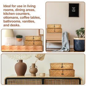 SENONAPO seagrass basket displayed on living room shelf for decor and storage.