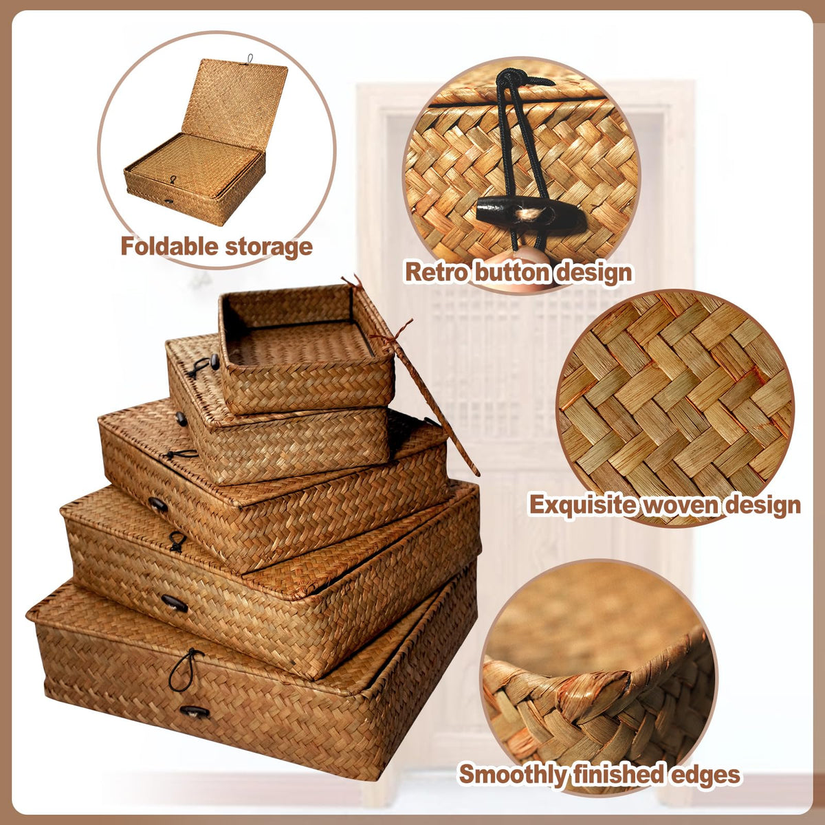 SENONAPO seagrass basket on a shelf organized for easy access.
