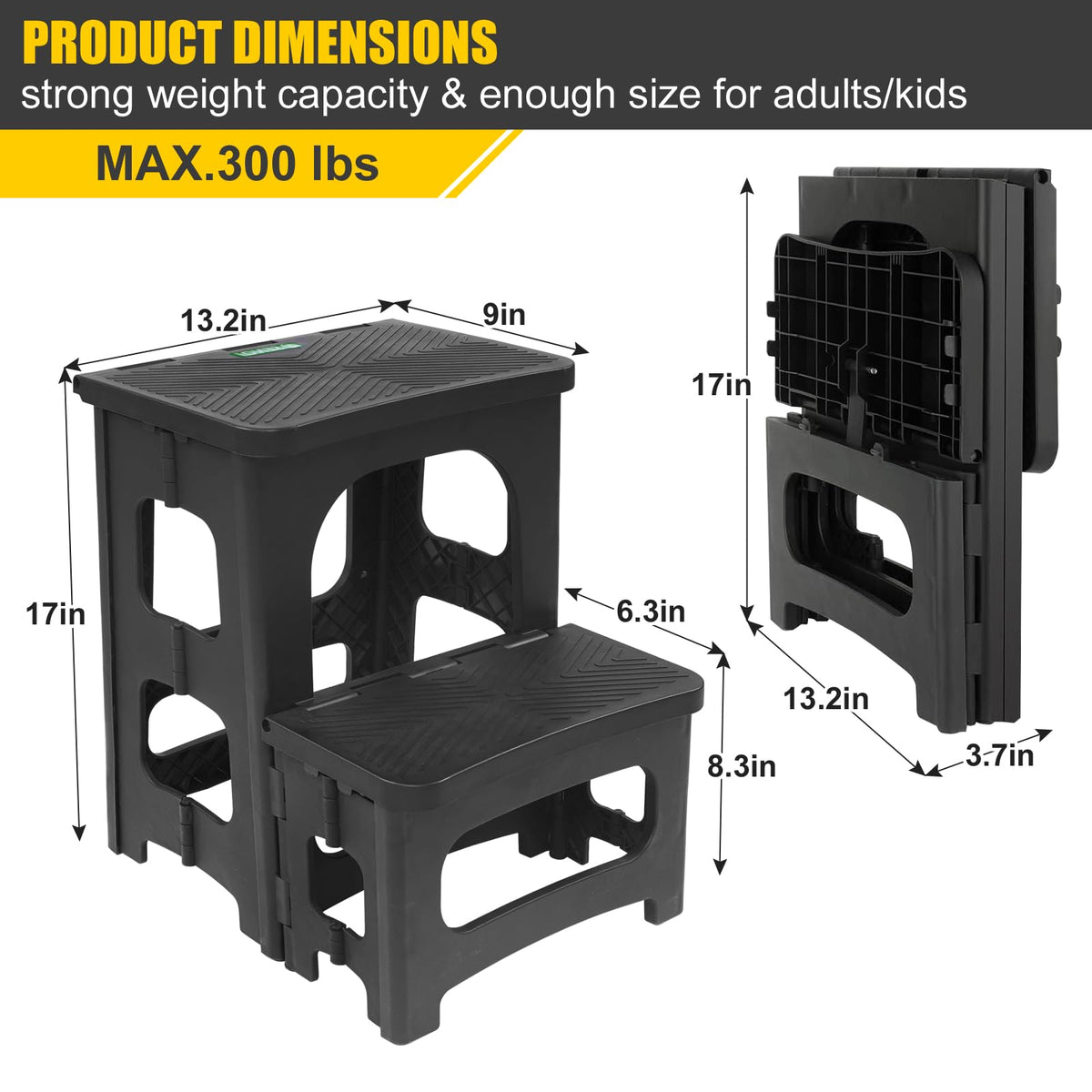 SENQI folding 2-step stool folded compact fits in closet or car.