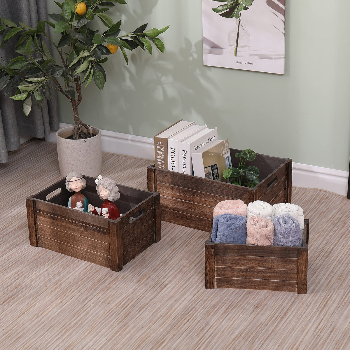 SENRYEE Farmhouse antique black crate stacked neatly saves space