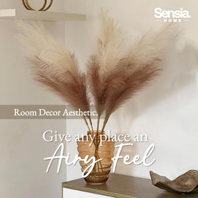 Sensia Home maintenance-free pampas, no mess, easy setup on shelves.