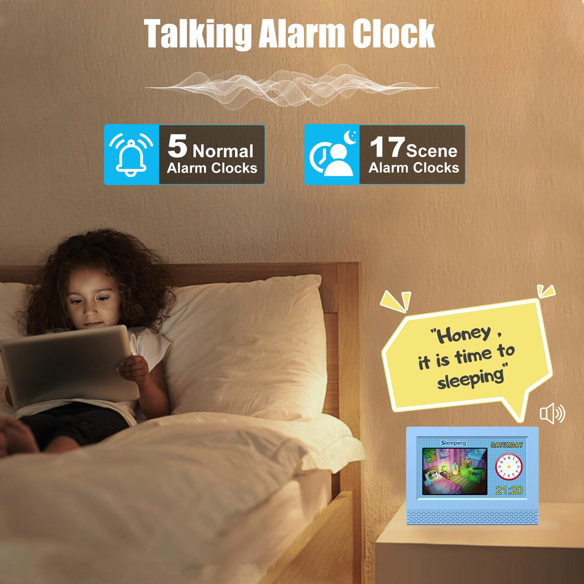 SENXINGYAN alarm settings show 5 daily alarms and 12 scene alarms for routine