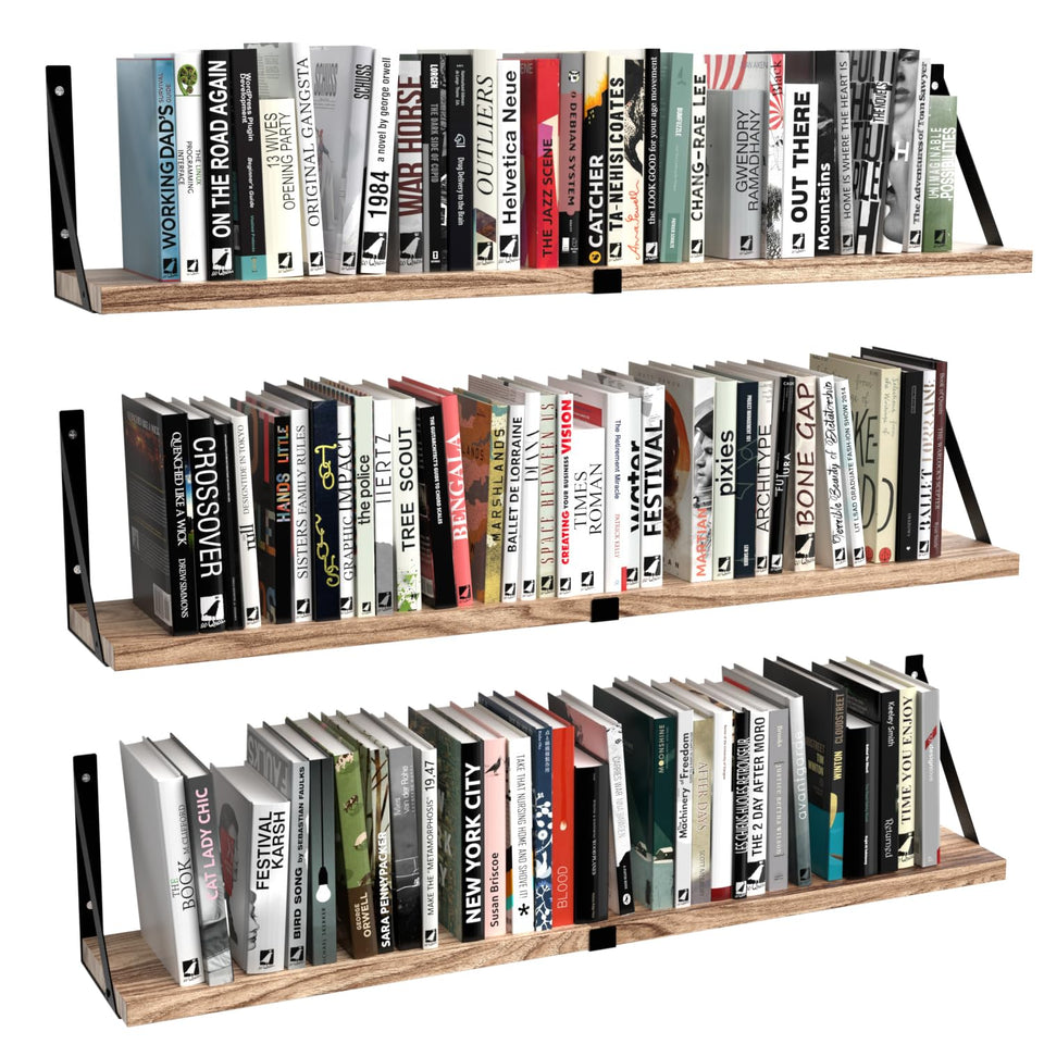 Senyh floating shelves 3-pack front view shows ample wall storage for books and decor.