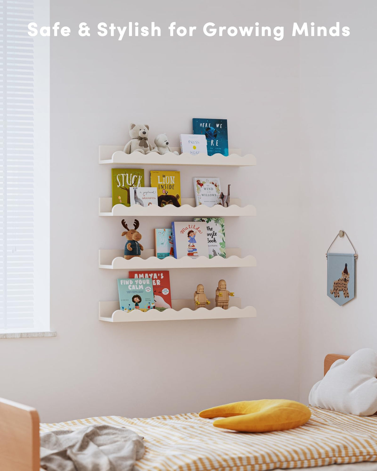 Seocry white floating bookshelf front view holds books and toys at reach.