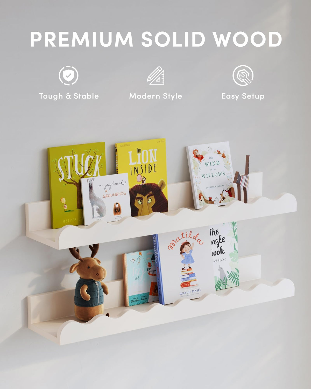Seocry handcrafted wood texture shelf adds warm, organic charm to a nursery.