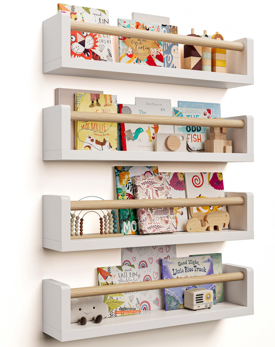 Seocry nursery book shelves 4-pack mounted on white wall for tidy kids' books.