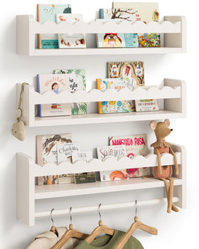 Seocry scalloped front edge shelf displaying baby books attractively