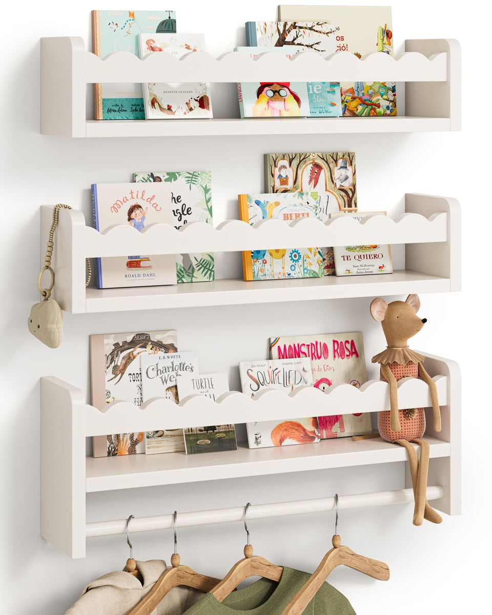 Seocry scalloped front edge shelf displaying baby books attractively