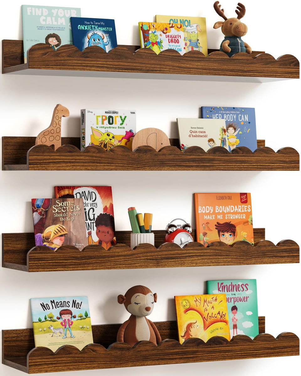Seocry scalloped wall shelves for nursery, floating design saves floor space for books.