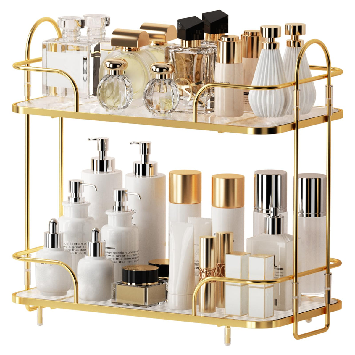 Seoneiro 2-tier corner organizer on bathroom counter keeps cosmetics neatly organized and accessible