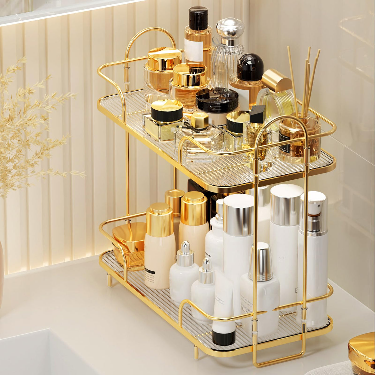 Seoneiro cosmetic skincare organizer vanity tray enhances countertop storage with stylish efficiency