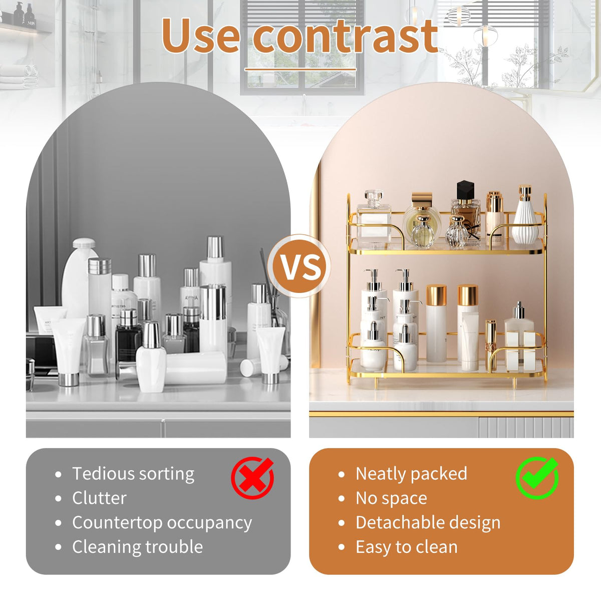 Seoneiro metal-frame ABS-tray organizer offers durable, moisture-resistant beauty storage