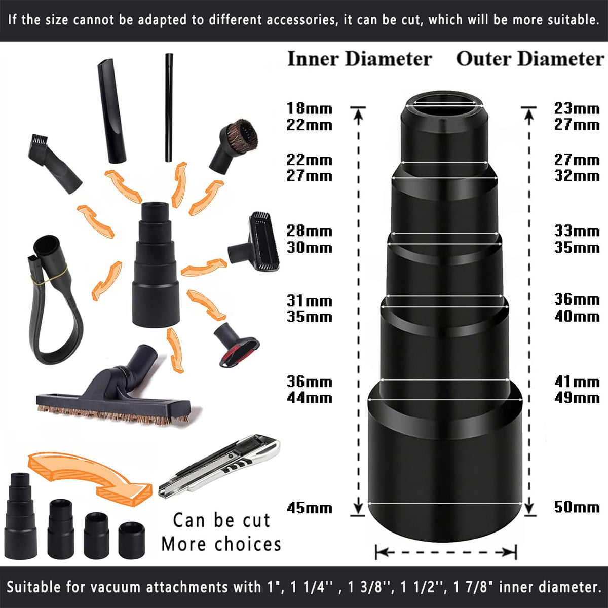 Seovmri 2-1/2 to 1-1/4 inch hose adapter enabling use of smaller attachments