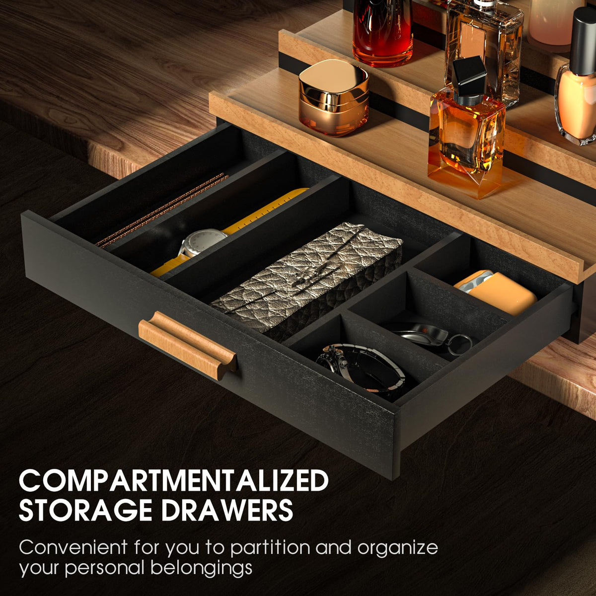 Sephyroth Cologne display shelf with drawer keeps small items tidy.