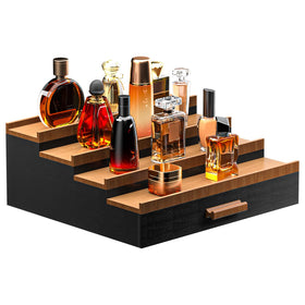 Sephyroth four-tier Cologne Organizer in black walnut for organized fragrance display with drawer storage.