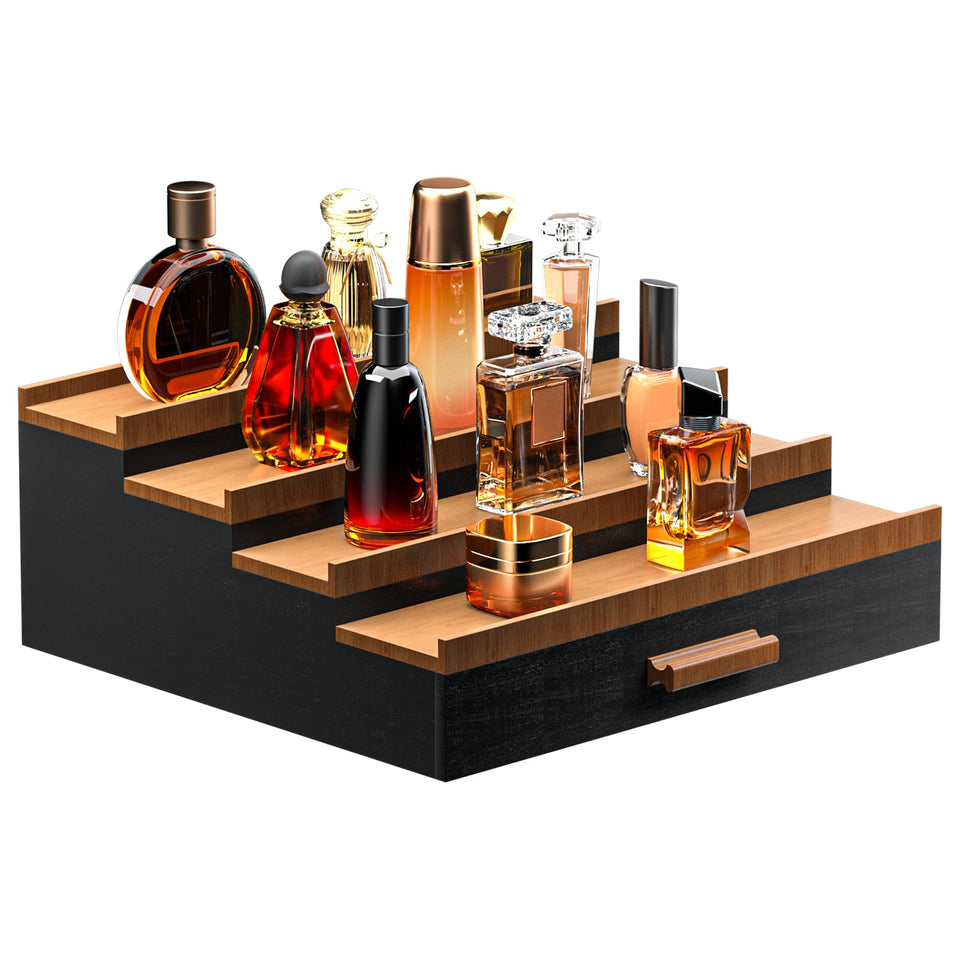 Sephyroth four-tier Cologne Organizer in black walnut for organized fragrance display with drawer storage.
