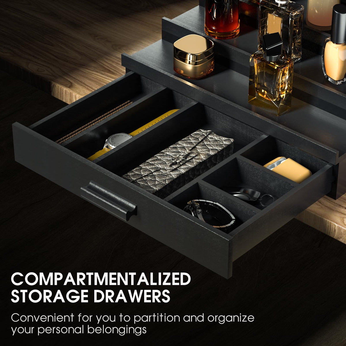 Sephyroth wooden organizer features a drawer for watches and keys.