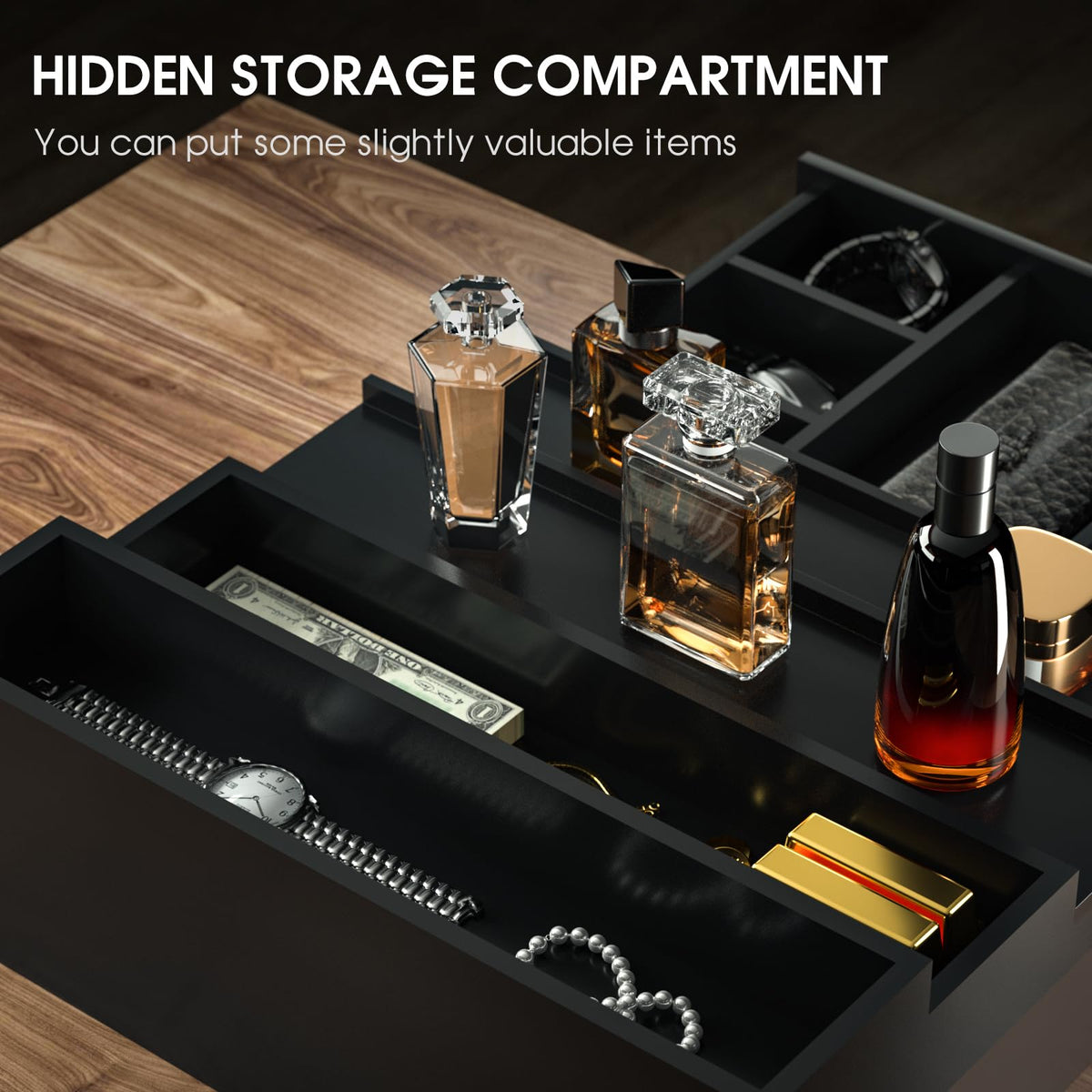 Sephyroth hidden storage compartment blends with the box’s finish.