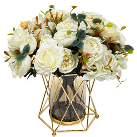 SEPTDECOR faux flowers with vase white peony bouquet, lifelike and ideal for elegant home decor.