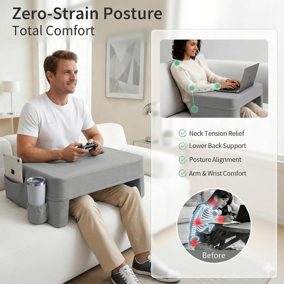Septsun pillow with cup holder pocket keeps beverage and devices handy.