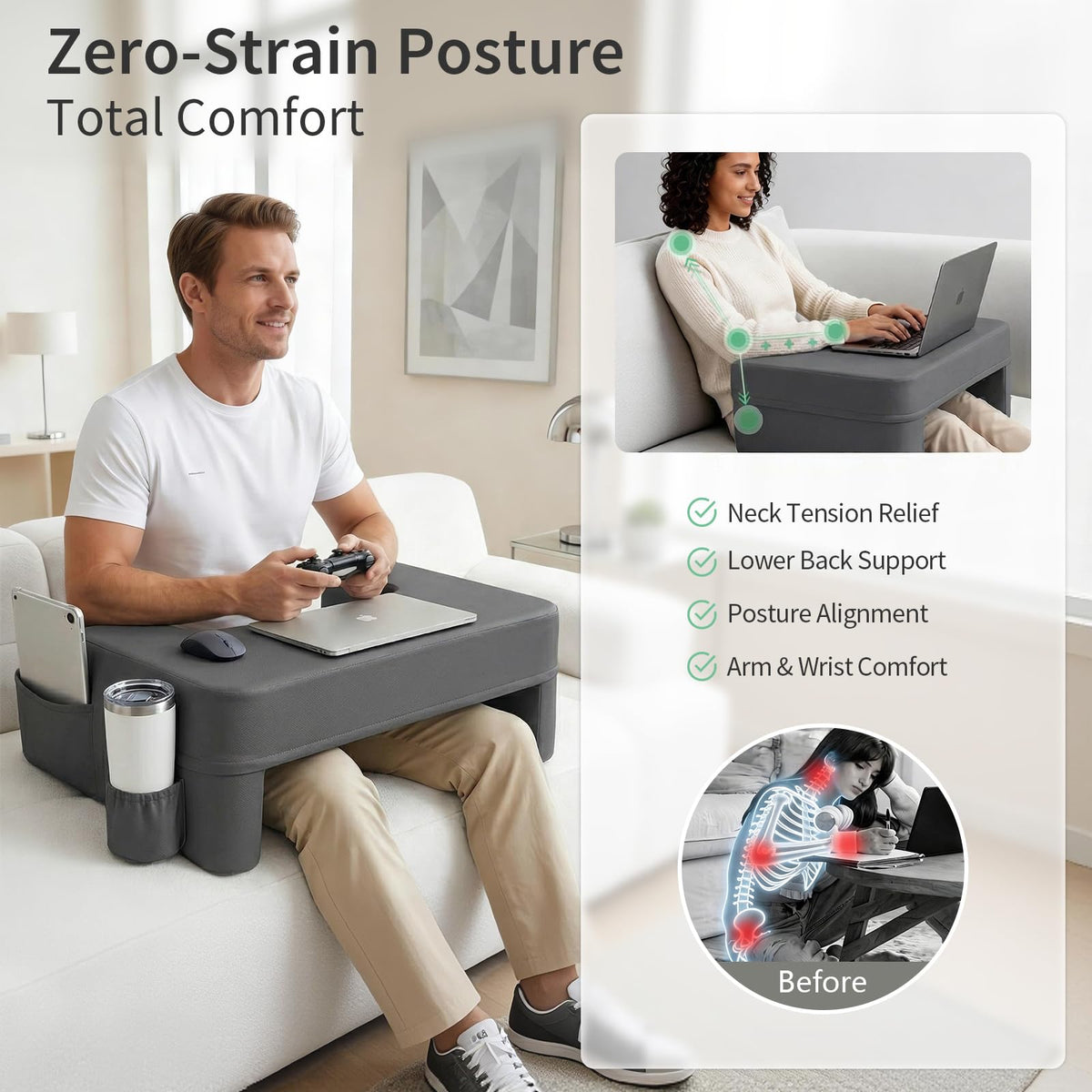 Septsun lap desk pillow with cup holder and pockets within reach