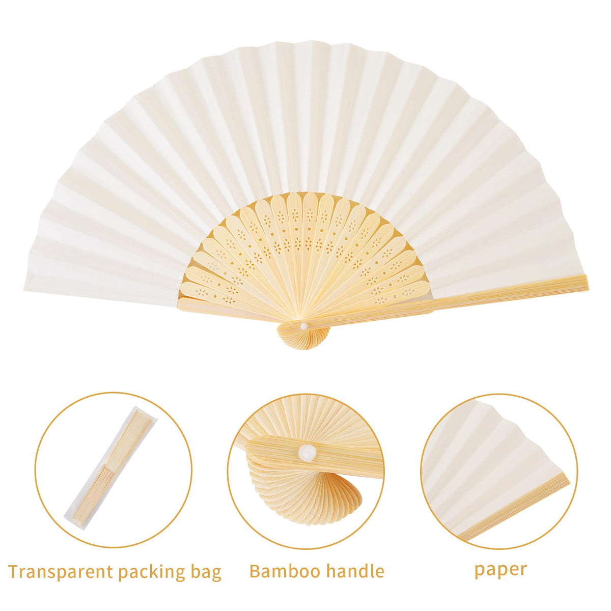 Sepwedd cream-colored paper fan closed, compact and easy to carry for on-the-go occasions.