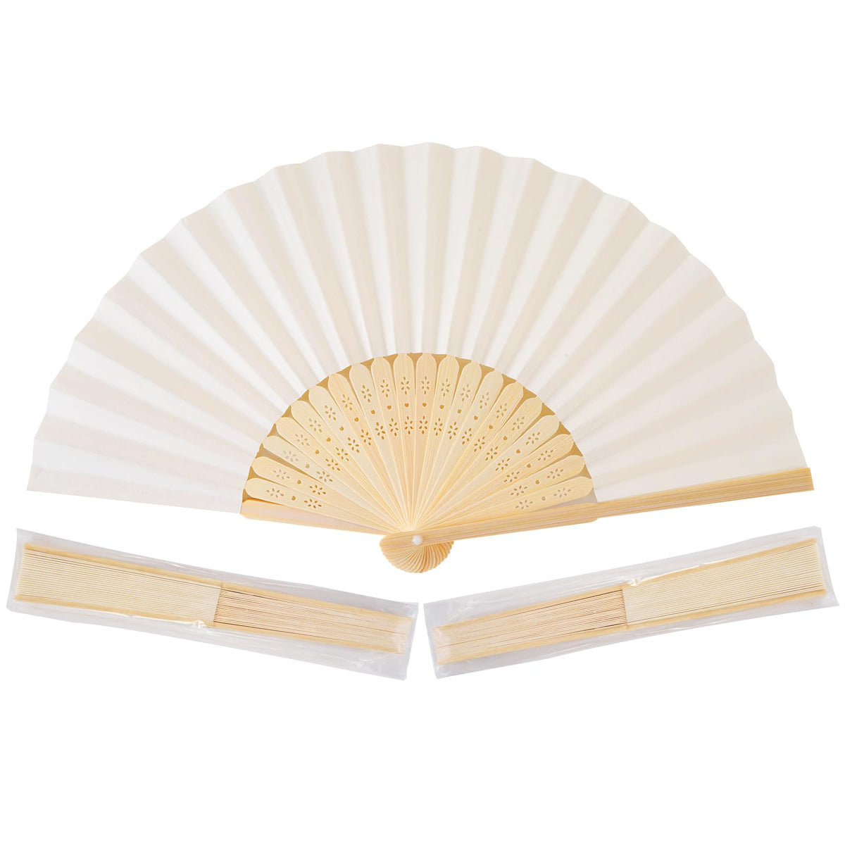Sepwedd cream-colored paper fan open, bamboo frame, ideal for portable cooling at events and DIY projects.