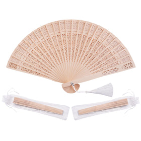 Sepwedd sandalwood folding fan in natural wood finish, ideal for sunny outdoor events