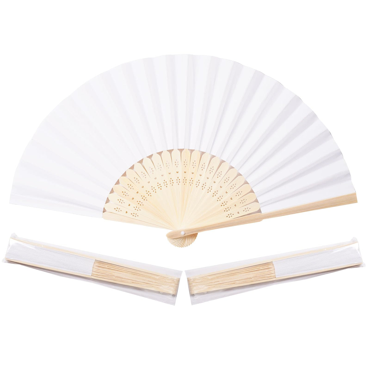 Sepwedd white paper hand fan in closed position, compact and travel-friendly.
