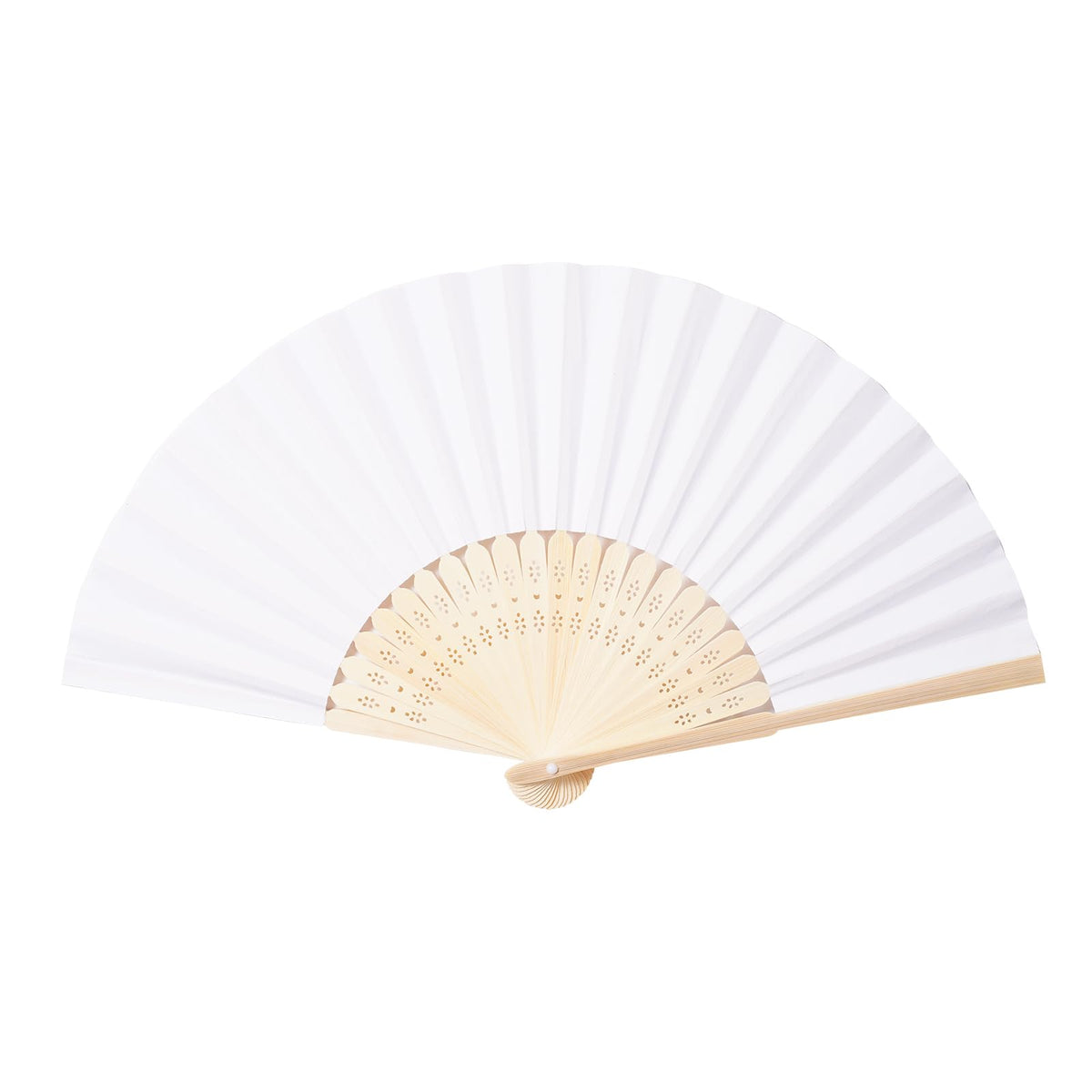 Sepwedd white paper hand fan, open, showing full width for versatile cooling.