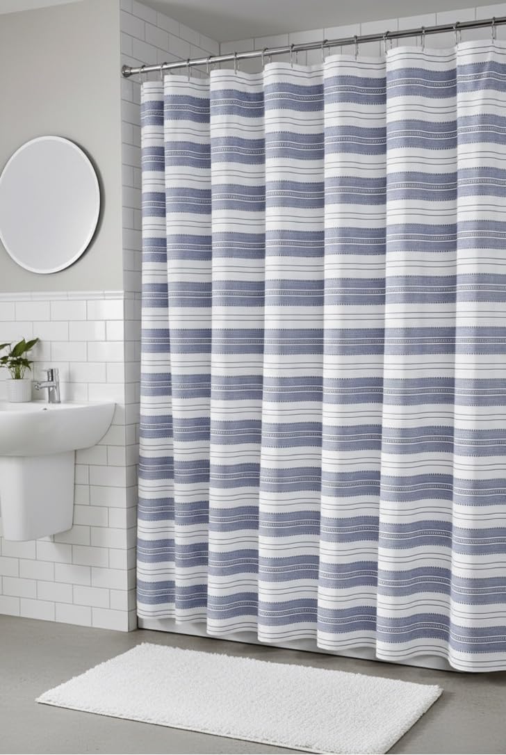 Serafina Home denim navy curtain complements coastal and farmhouse interior styles.