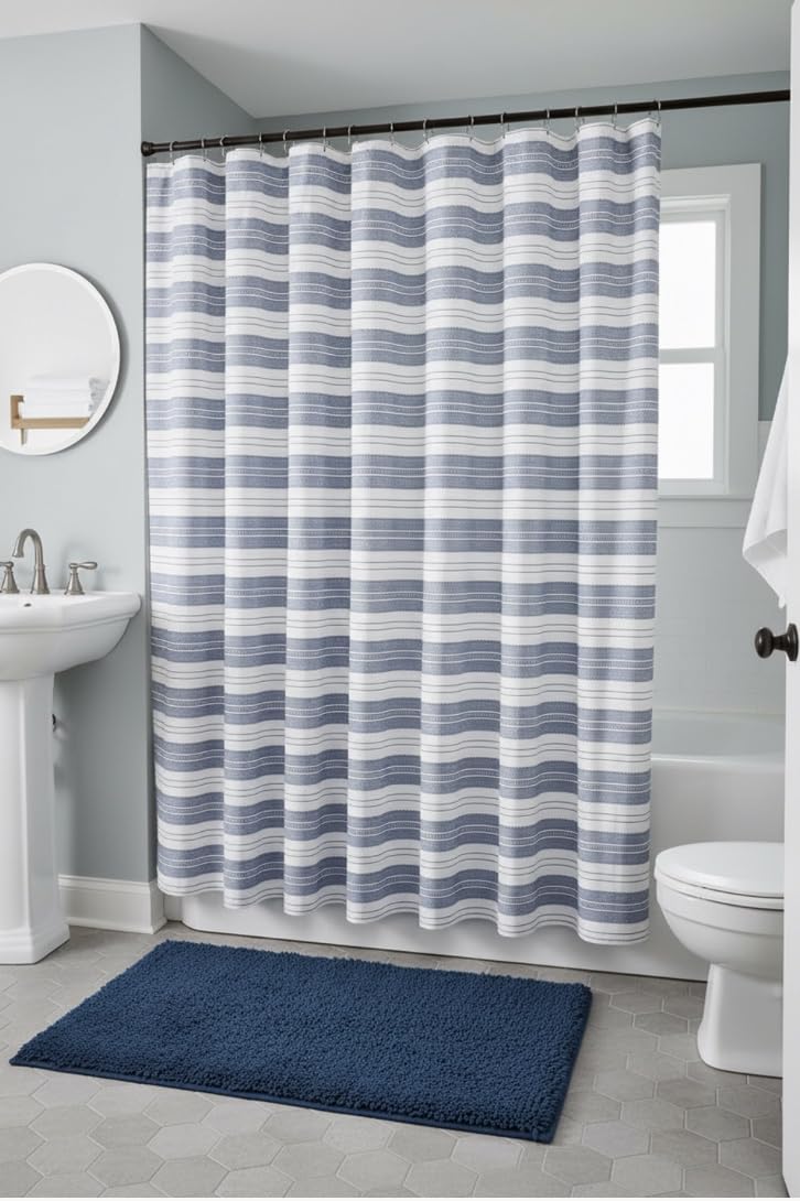 Serafina Home jacquard weave adds texture to everyday bathroom use.