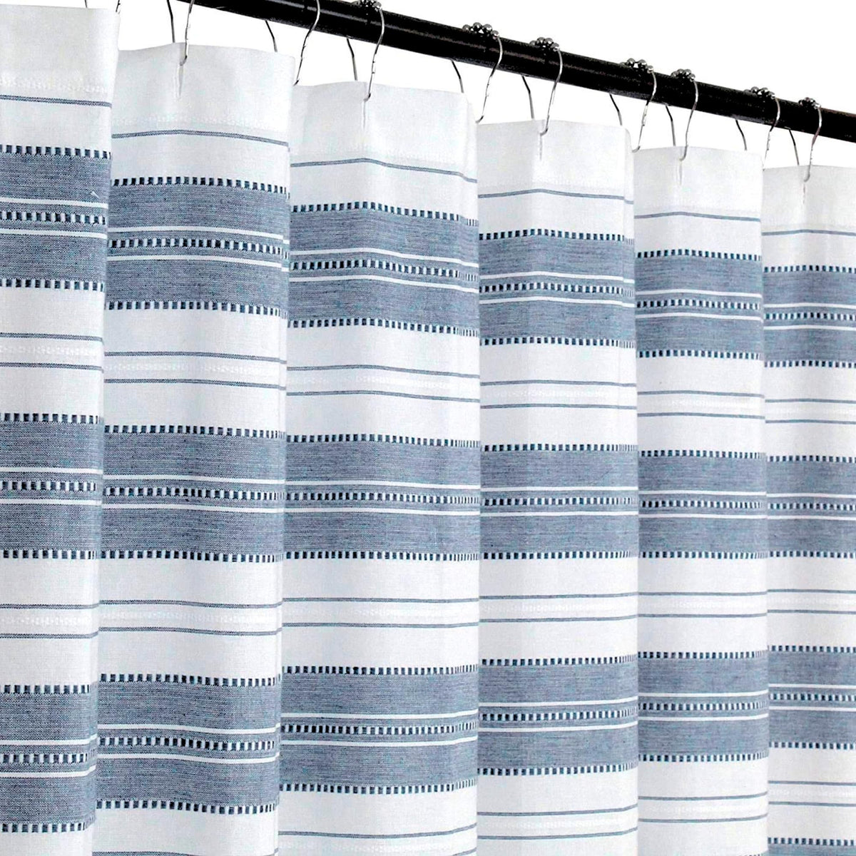Serafina Home nautical striped shower curtain with jacquard texture for coastal bathroom style.