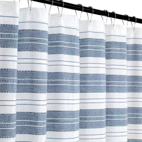 Serafina Home nautical striped shower curtain with jacquard texture for coastal bathroom style.