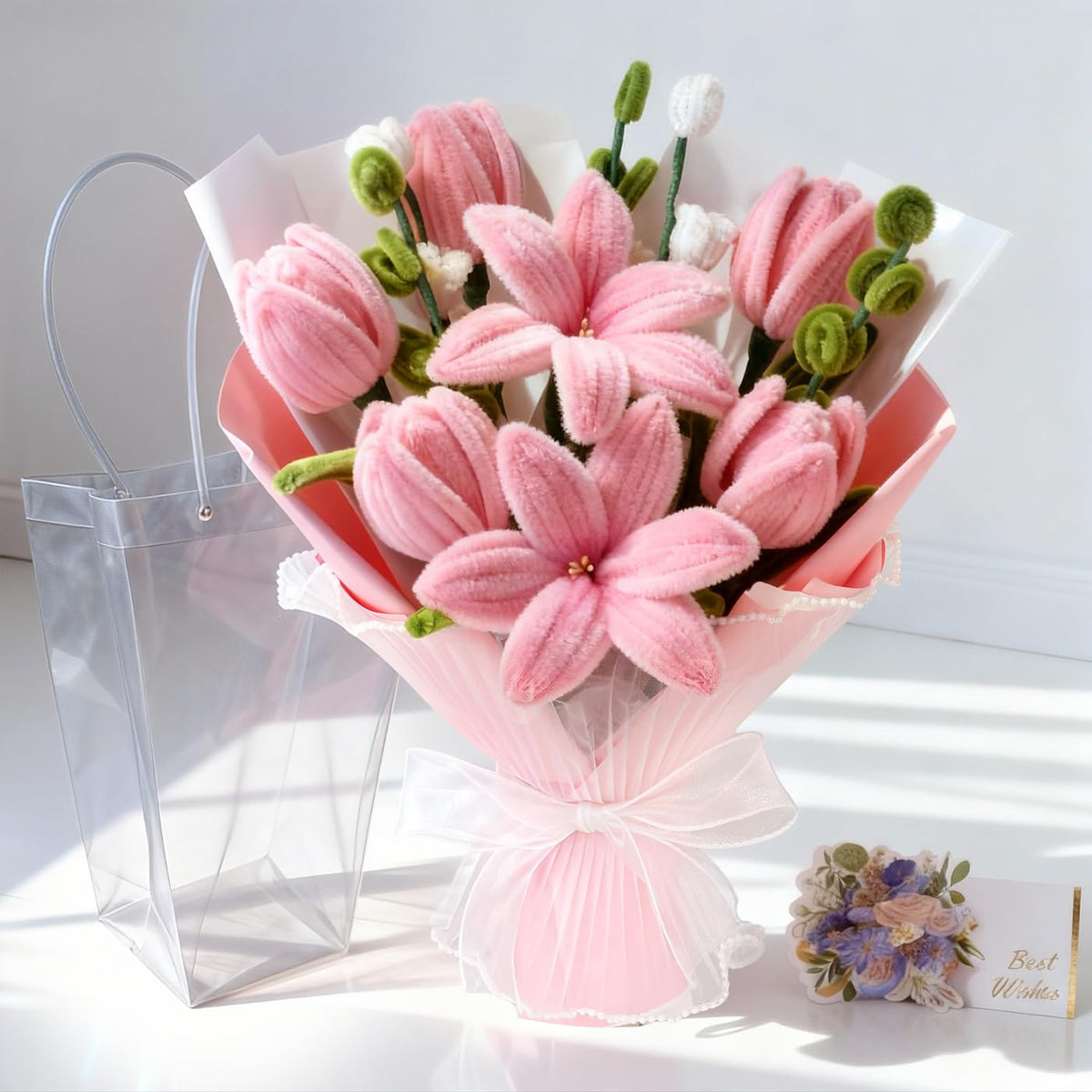 Seravelle pipe-cleaner bouquet pink, handmade for durable, maintenance-free decor.