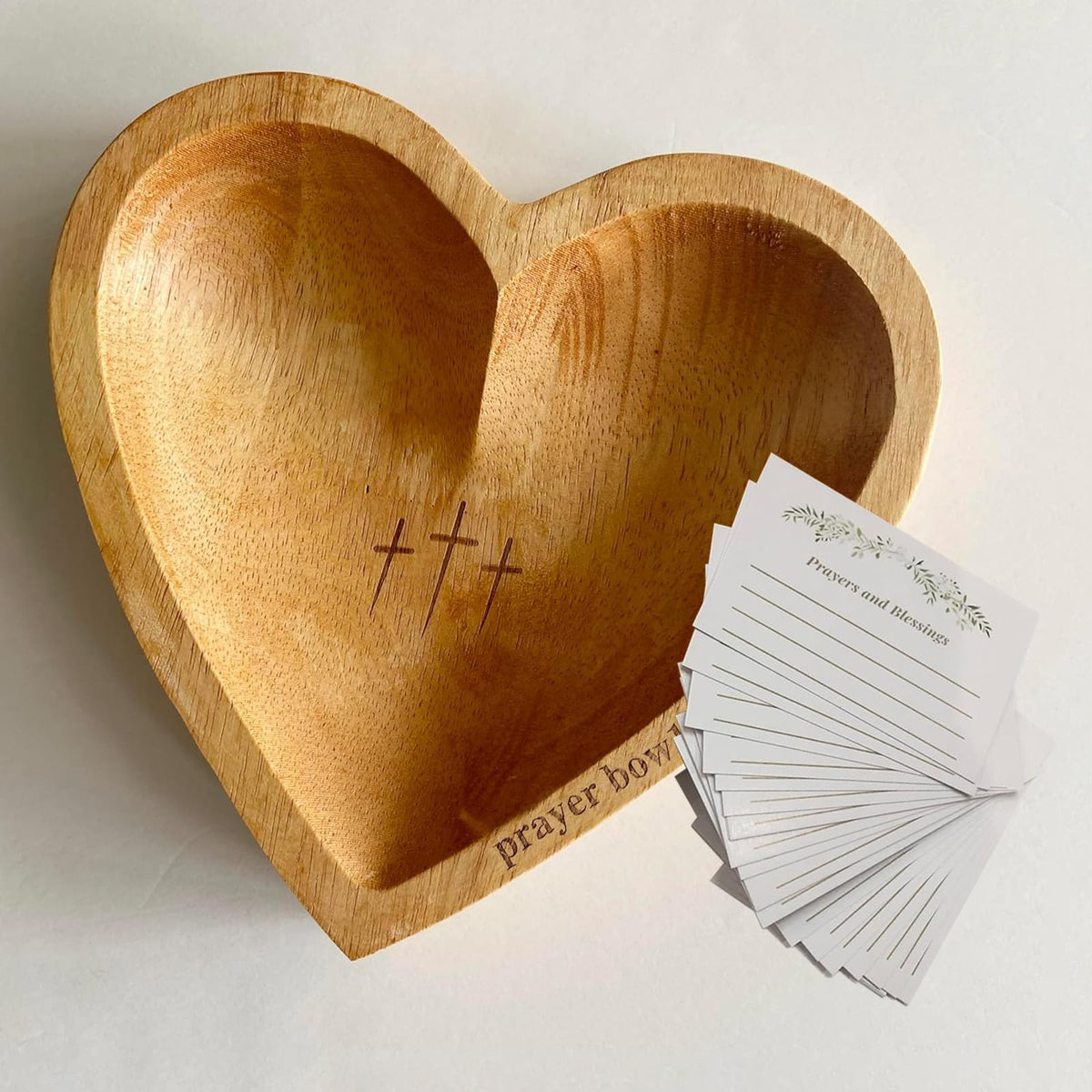 Sereficy prayer bowl in wooden heart design with blessing cards for daily devotion.